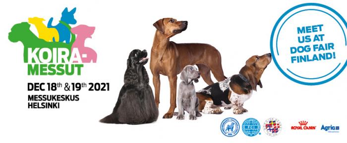 Many dogs looking at the text Meet us at Dog Fair Finland!